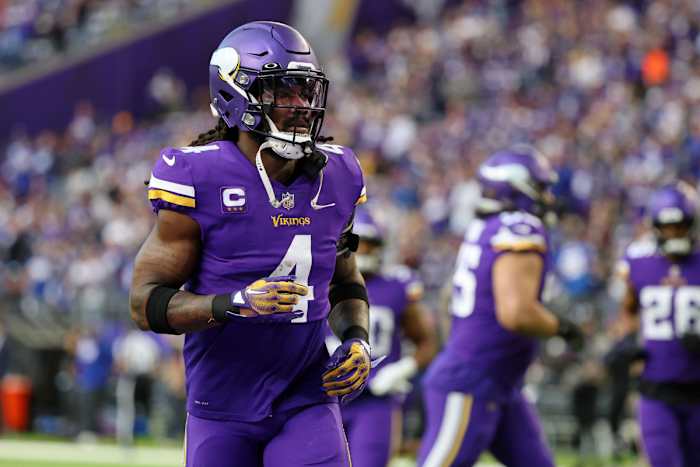 Jan 15, 2023; Minneapolis, Minnesota, USA; Minnesota Vikings running back Dalvin Cook (4) runs on the field during warmups before a wild card game against the New York Giants at U.S. Bank Stadium. Mandatory Credit: Matt Krohn-USA TODAY Sports